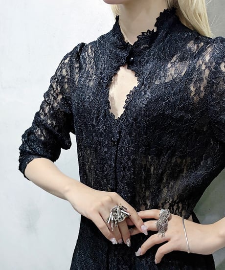 peek-a-boo Collar Lace Shirt Dress BK
