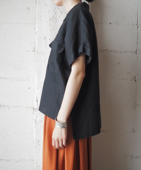 Open Collar Linen S/S Shirt BK