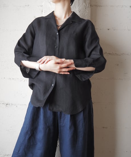 LAUREN RALPH LAUREN Open Collar Linen Shirt BK