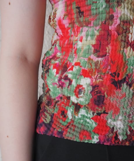 Flower Mosaic Pleated Sleeveless Top PI RE GN PUR