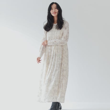 ladies Tuck dress / Toile de jouy - ivory