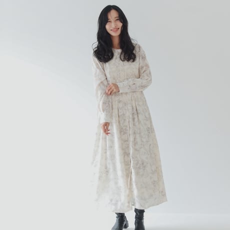 ladies Tuck dress / Toile de jouy - ivory