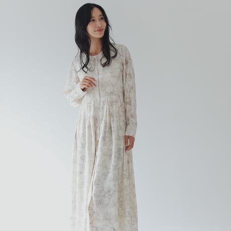 ladies Tuck dress / Toile de jouy - ivory