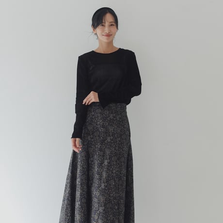 ladies Flare tuck skirt / Merry flower - Black