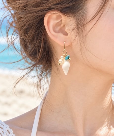 巻貝＆海の泡パールピアス / ターコイズ　SHELOOMオリジナル