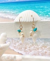 巻貝＆海の泡パールピアス / ターコイズ　SHELOOMオリジナル