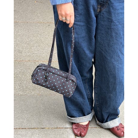 BAGGU Small Nylon Bowler Bag - Black and Sky Blue Micro Dot