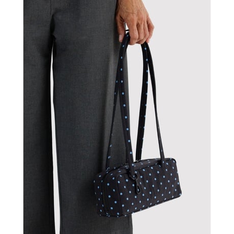 BAGGU Small Nylon Bowler Bag - Black and Sky Blue Micro Dot