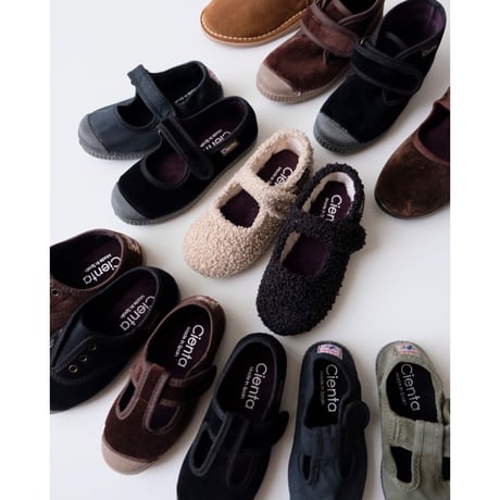 <ご予約>Cienta VELOUR VELCRO ONE STRAP BALLET SHOES black / velour 500(23(14cm)～34(21cm))