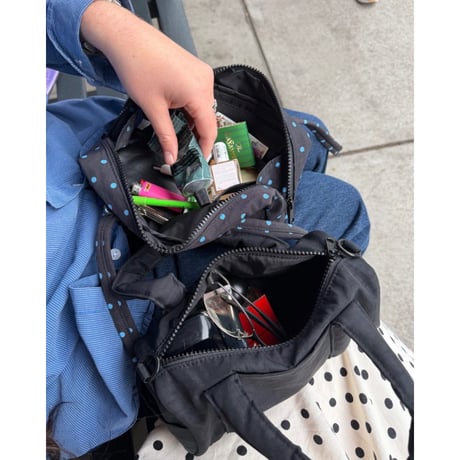 BAGGU Small Nylon Duffle Bag - Black and Sky Blue Micro Dot