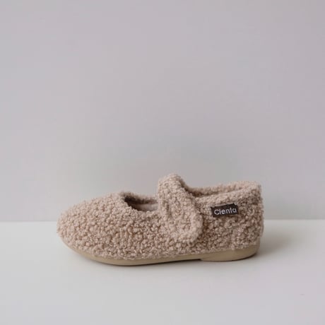 <ご予約>Cienta VELOUR VELCRO ONE STRAP BALLET SHOES beige / fur 500(23(14cm)～34(21cm))