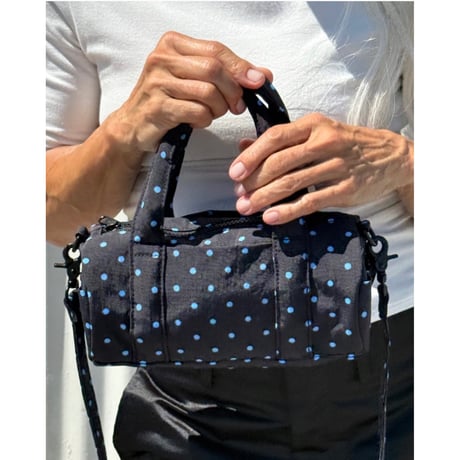 BAGGU Small Nylon Duffle Bag - Black and Sky Blue Micro Dot