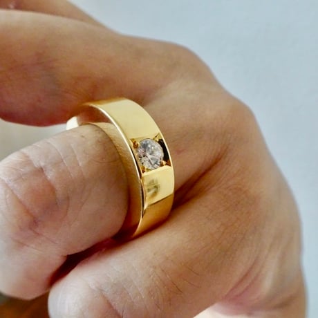 仁尾彫金『全金、一つ星ジルコニア、幅7mm厚み４mm平打リング』ハンドメイド613