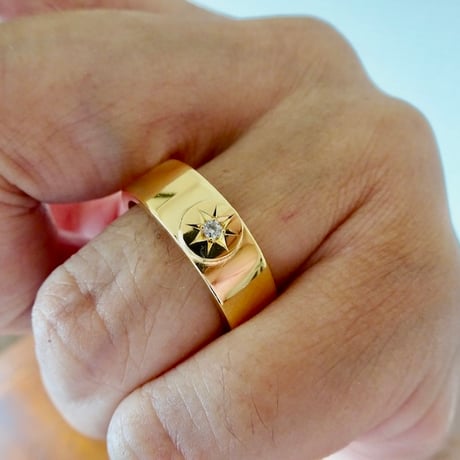 仁尾彫金『一つ星ダイヤ、全金、太陽の平打リング、幅７mm』ハンドメイド553