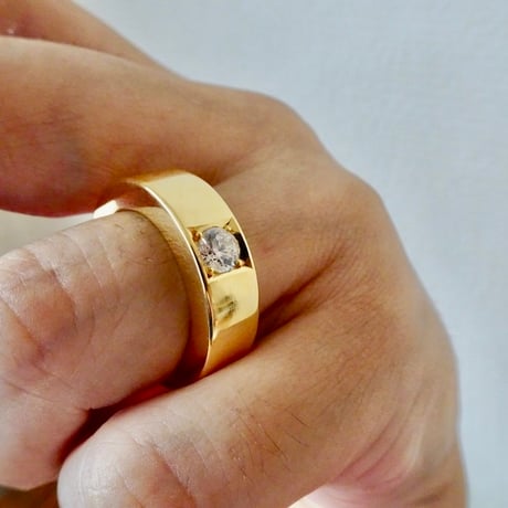 仁尾彫金『全金、一つ星ジルコニア、幅7mm厚み４mm平打リング』ハンドメイド613