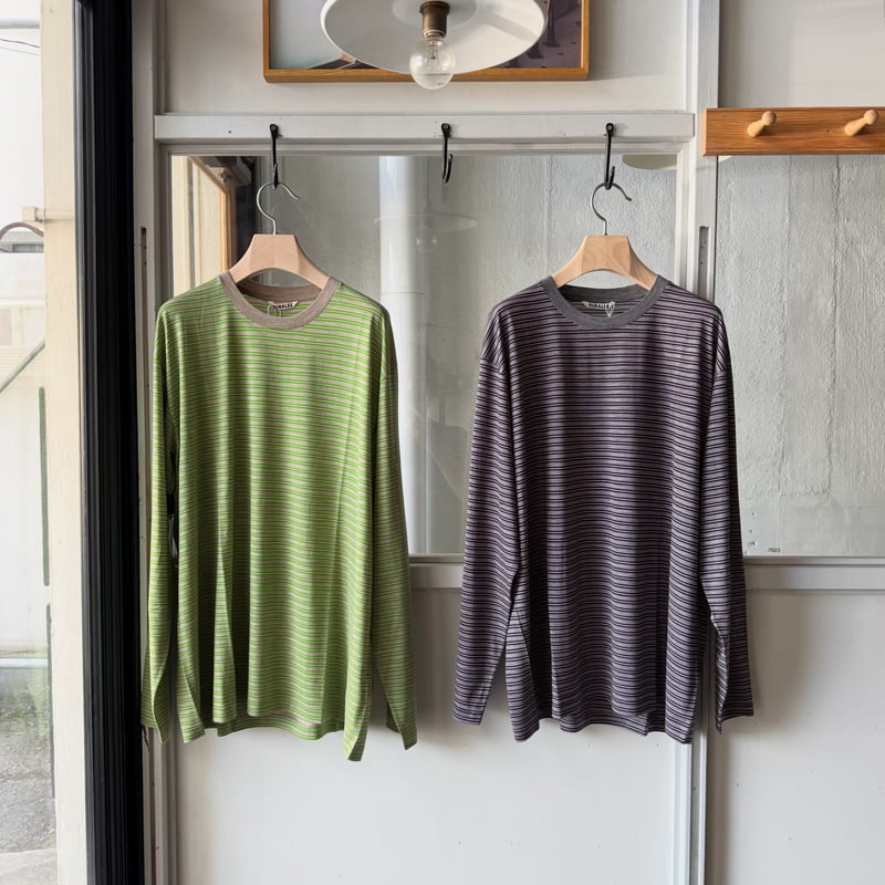 AURALEE SOFT SMOOTH WOOL STRIPE JERSEY L/S TEE