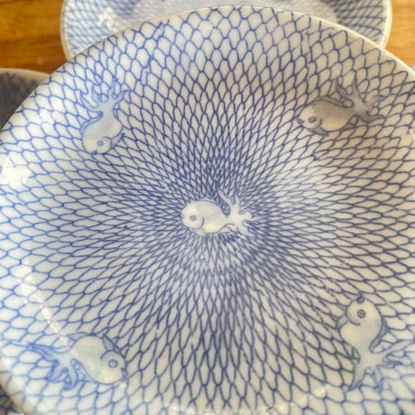 印判小皿　網目金魚文様　伍枚セット