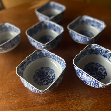 古伊万里染付四方向付　鳳凰文様