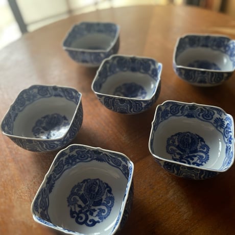古伊万里染付四方向付　鳳凰文様