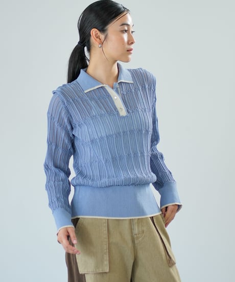 【Lallia Mu】 ロングスリーブメッシュニットポロ 2711452／2月上旬～2月中旬発送予定