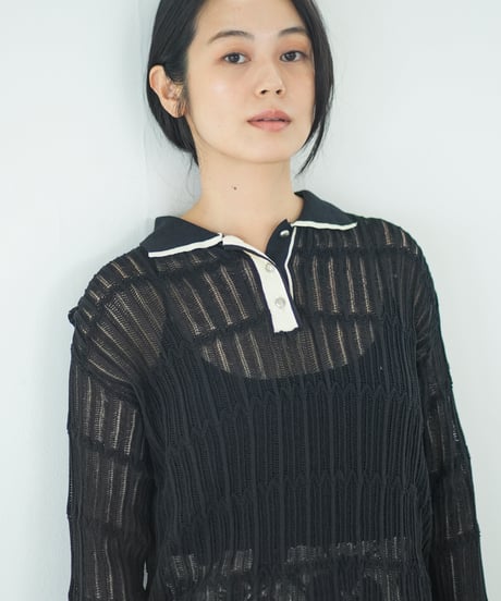 【Lallia Mu】 ロングスリーブメッシュニットポロ 2711452／2月上旬～2月中旬発送予定