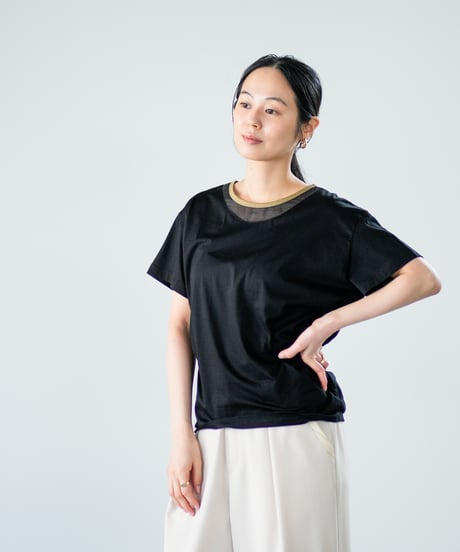 【Lallia Mu】 オーガンジーネックバイカラーカットソー 2711534／3月上旬～3月中旬発送予定