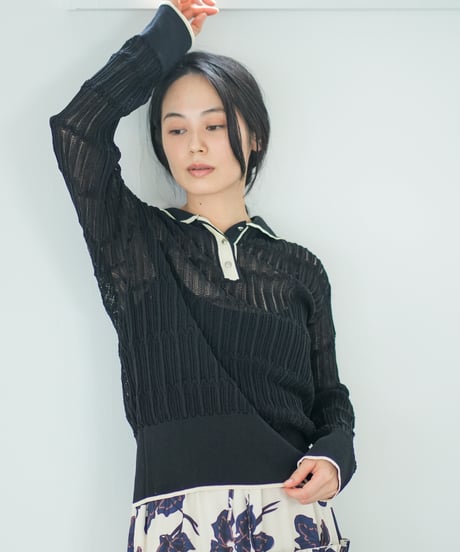 【Lallia Mu】 ロングスリーブメッシュニットポロ 2711452／2月上旬～2月中旬発送予定