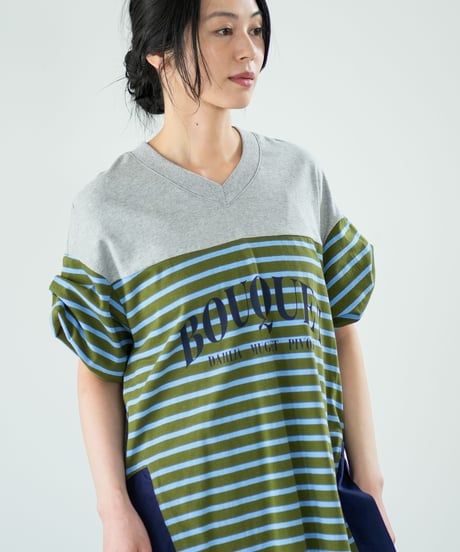 【Lallia Mu】 VネックボーダービックTシャツ 2711536／3月上旬～3月中旬発送予定
