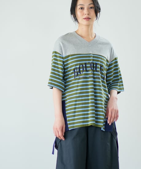 【Lallia Mu】 VネックボーダービックTシャツ 2711536／3月上旬～3月中旬発送予定