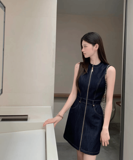 Zip Sleeveless Denim Dress
