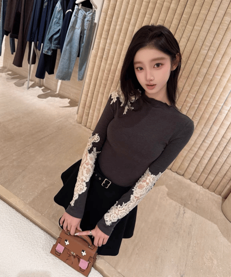 Floral Lace Appliqué Top&Belted Flare Mini Skirt