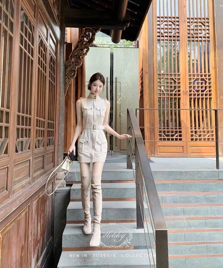 Military-Inspired Multi-Pocket Dress (Beige)
