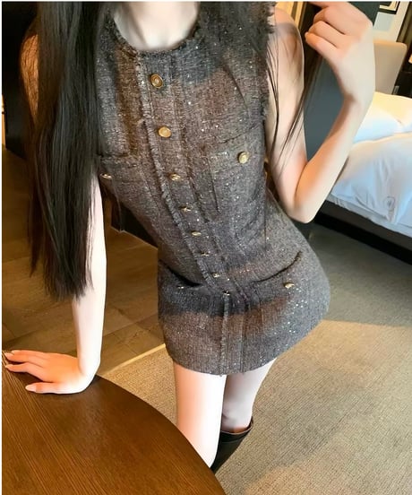 Tweed Fringed Mini Dress【Brown】