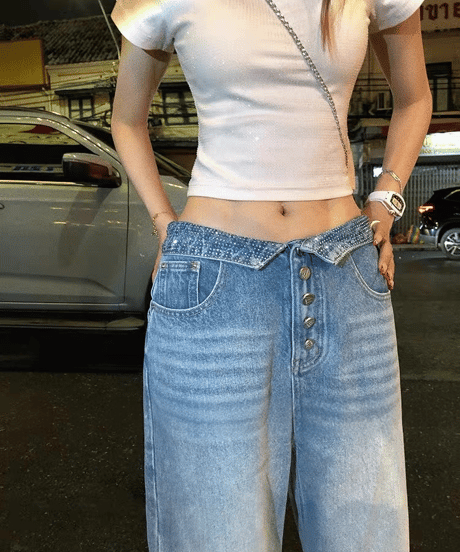 Low Waist Rhinestone Trim Wide Leg Jeans