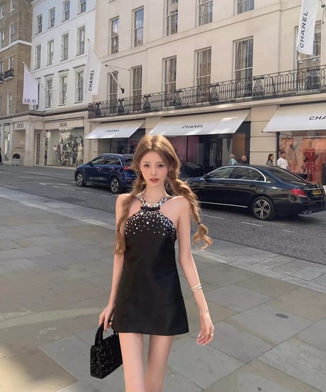 Crystal Bow Detail Halter Dress【Black】