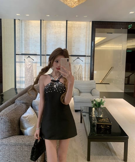 Crystal Bow Detail Halter Dress【Black】