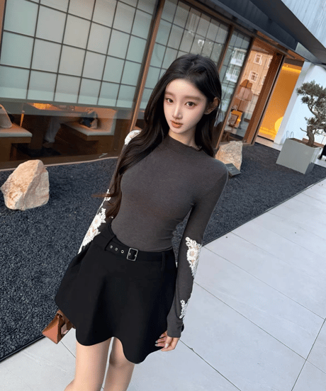 Floral Lace Appliqué Top&Belted Flare Mini Skirt
