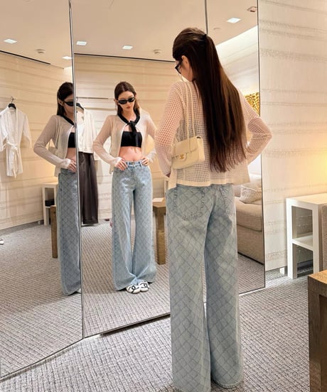 Blue Diamond Pattern Denim Pants