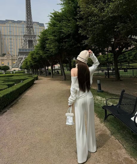 Effortless Ribbed Off Shoulder Set【White】