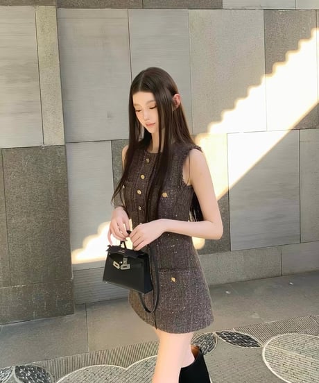 Tweed Fringed Mini Dress【Brown】