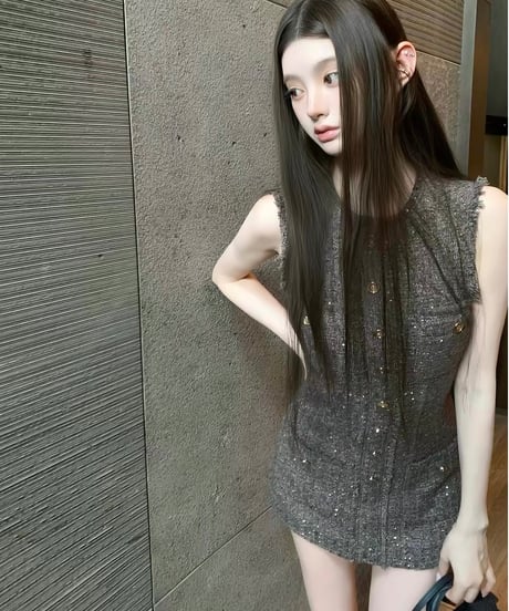 Tweed Fringed Mini Dress【Brown】