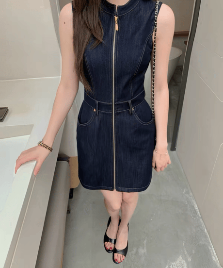 Zip Sleeveless Denim Dress