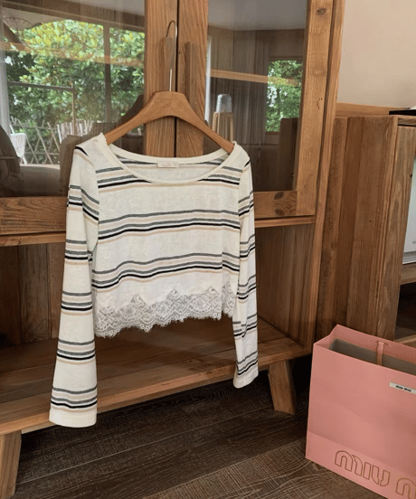 Lace Trimmed Stripe L/S & Denim Short Pants