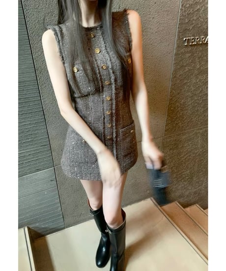 Tweed Fringed Mini Dress【Brown】