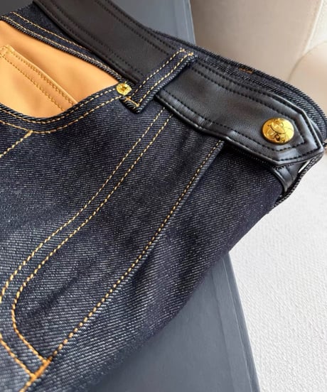 Leather Accent Indigo Denim Pants