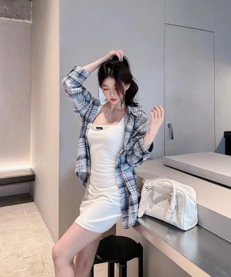 Oversized Plaid Shirt and Square Neck Mini Dress