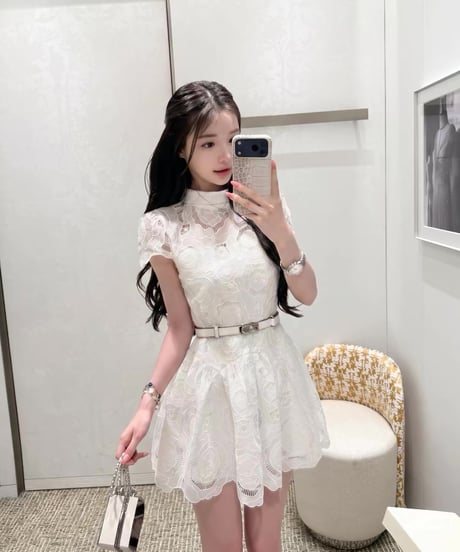 Floral Lace Mock Neck Dress【ベルト付き】