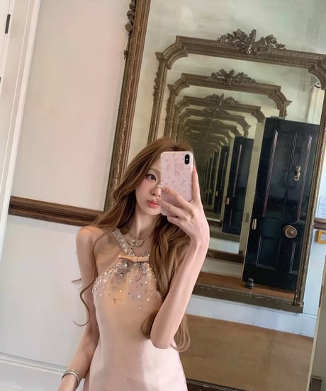 Crystal Bow Detail Halter Dress【Pink】