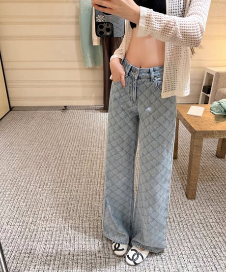 Blue Diamond Pattern Denim Pants