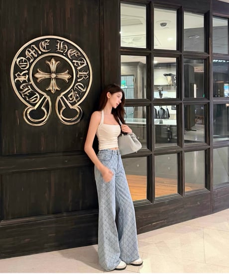 Blue Diamond Pattern Denim Pants